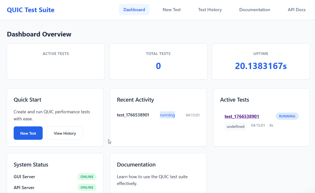 quic-test Transitions from CLI to a Web GUI Platform with REST API : quic-test has undergone a significant transformation over the past month, evolving from a command-line interface (CLI) tool primarily aimed at network engineers to a comprehensive platform featuring a fully functional web graphical user interface (GUI) and a REST API. This transition makes QUIC testing more accessible to a broader audience, enhancing usability and automation capabilities.